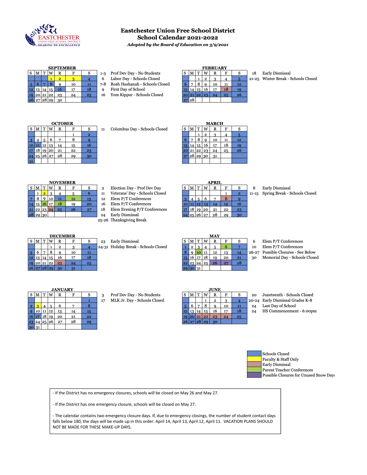 Eastchester Schools Calendar - Fred Kristal